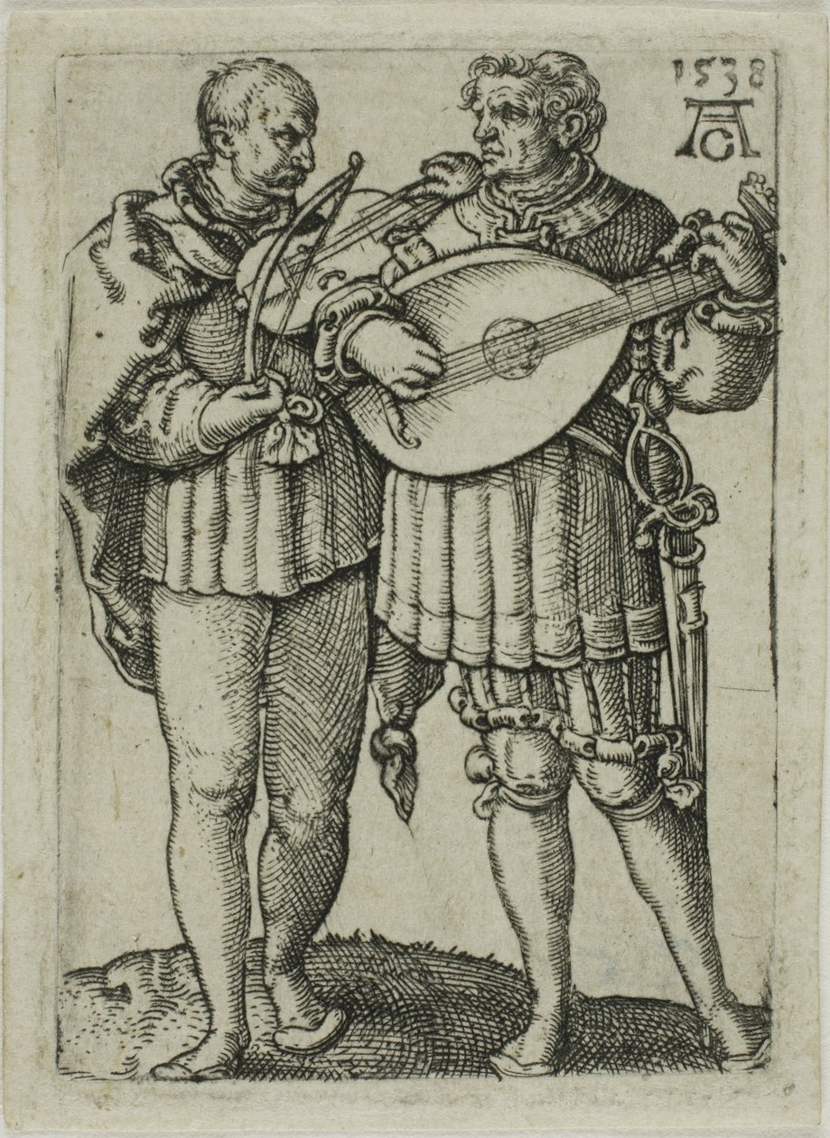 Dos músicos tocando el violín y el laúd, placa uno de los Pequeños bailarines de boda de Heinrich Aldegrever