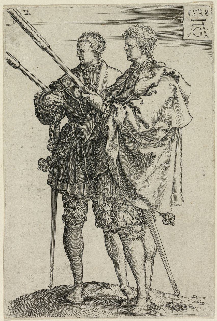 Dos Portadores de Antorchas, lámina dos de Los Grandes Bailarines de Boda de Heinrich Aldegrever
