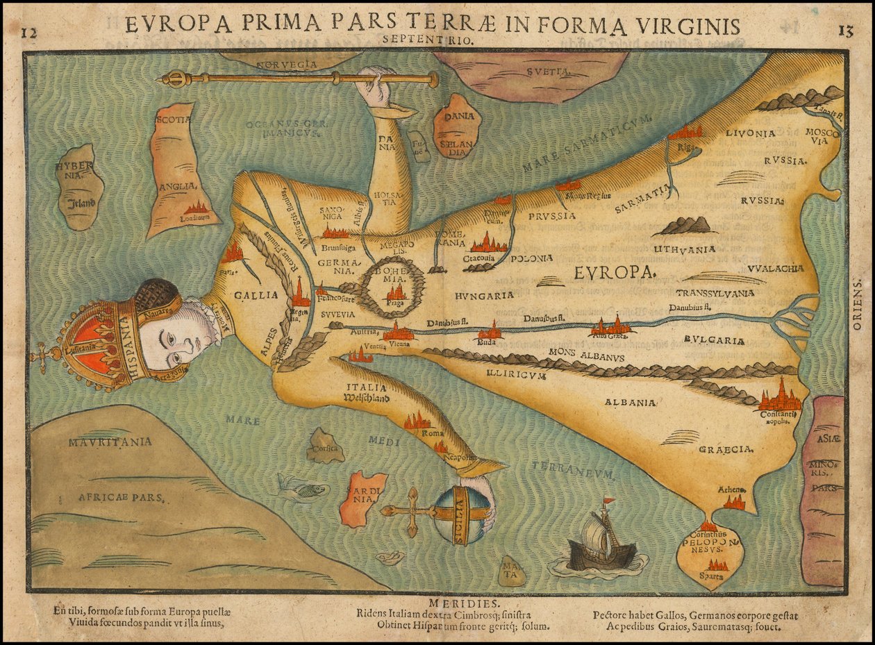 Mapa antropomórfico de Europa de Heinrich Bünting de la década de 1580 de Heinrich Bünting