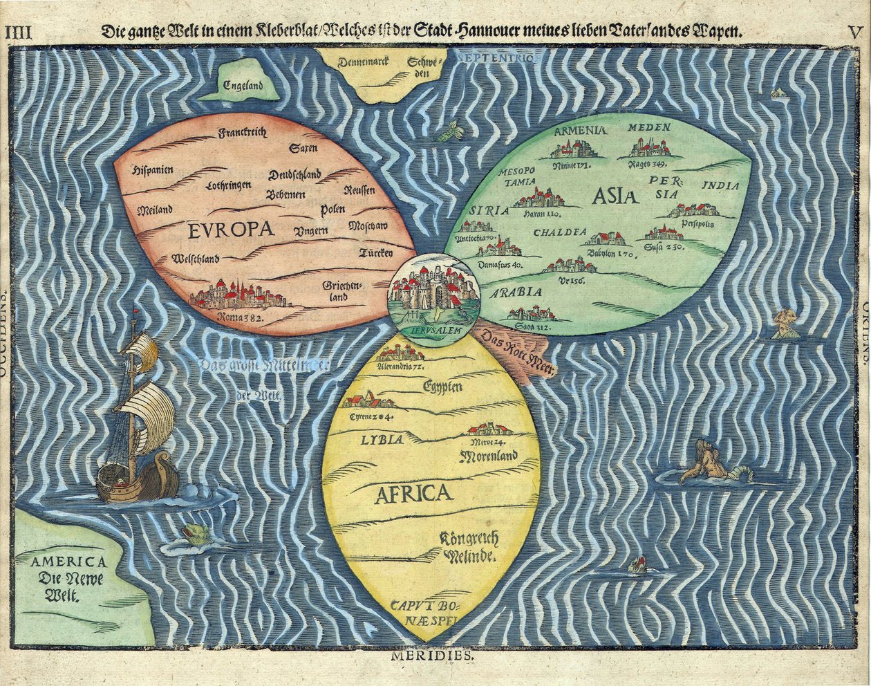 Los tres continentes con Jerusalén en el centro del mundo par Heinrich Buntig (Buentig)(1545-1606) de Heinrich Buntig