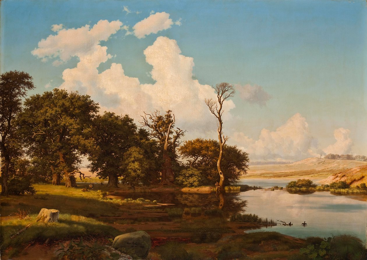 Danés: Paisaje danés, robles junto a un lago. Paisaje danés, robles junto a un lago. de Heinrich Buntzen