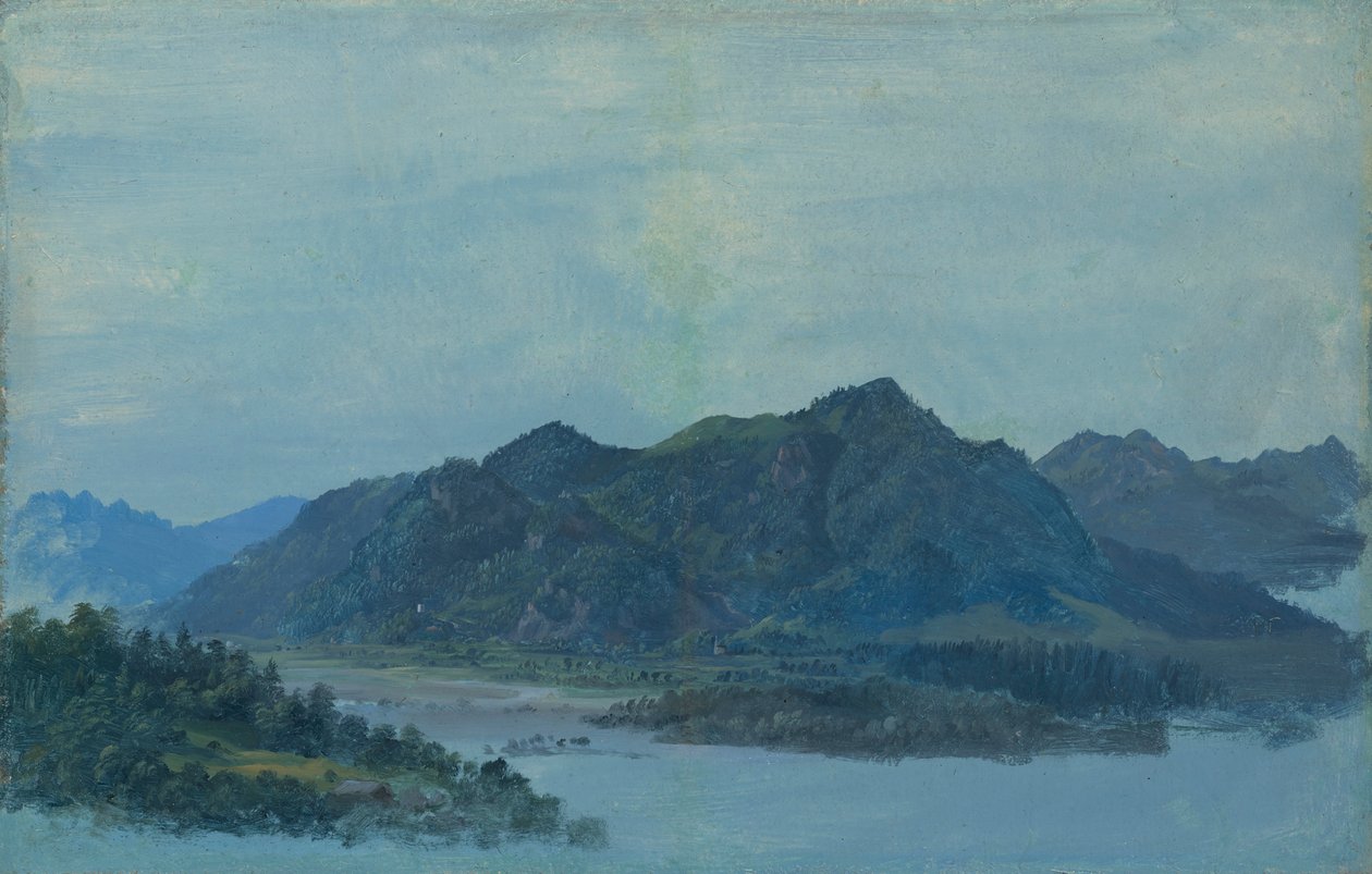 El Inn Valley cerca de Flintsbach con el castillo de Falkenstein y las montañas Kaiser al fondo de Heinrich Burkel