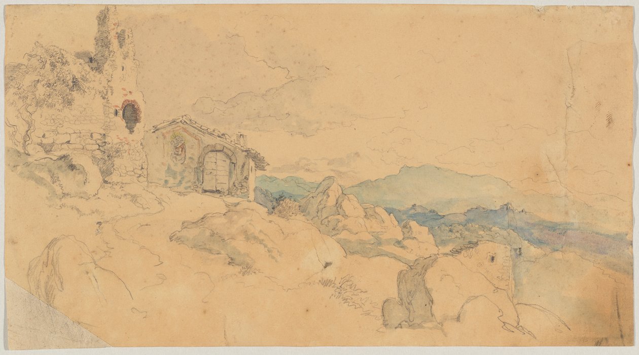 Paisaje de montaña con cabaña y ruinas. de Heinrich Burkel