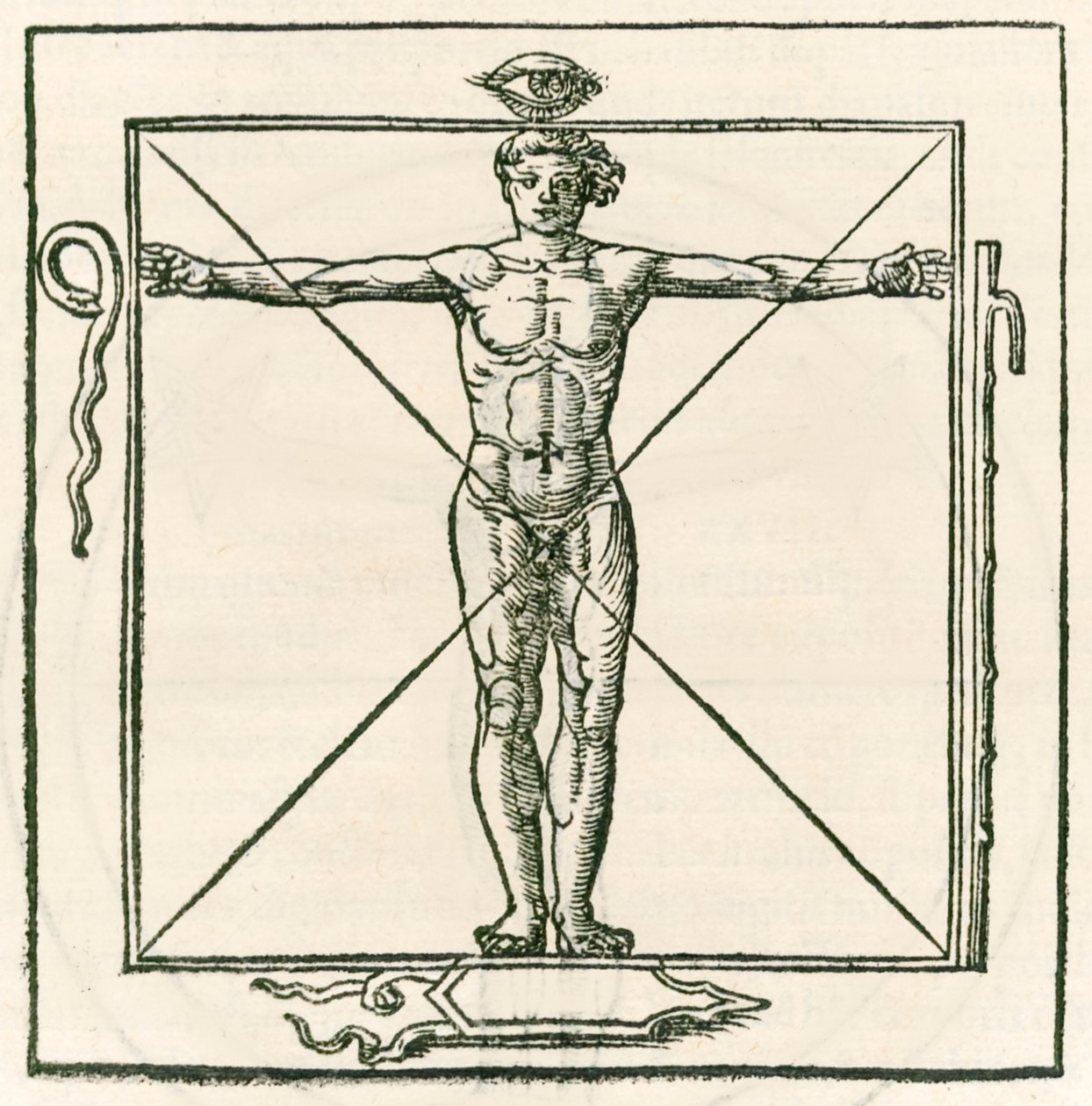 Hombre en un cuadrado rodeado de símbolos del ojo, serpiente, bastón de siete secciones y escudo. Grabado de Heinrich Cornelius Agrippa von Nettesheim (1486-1535) De occulta philosophia libri tres de Heinrich Cornelius Agrippa von Nettesheim