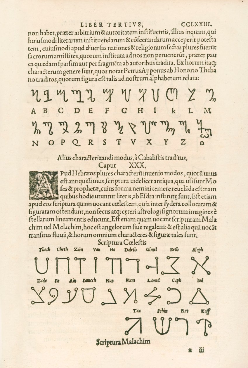 Alfabeto tebano (alfabeto honoriano o las runas de Honorio) y alfabeto celestial (Scriptura Malachim o escritura angélica) Grabado de Heinrich Cornelius Agrippa von Nettesheim (1486-1535) De occulta de Heinrich Cornelius Agrippa von Nettesheim