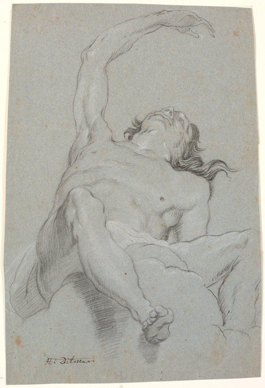 Hombre desnudo, visto "de sotto in su". Estudio para figura en pintura de techo de Heinrich Dittmers