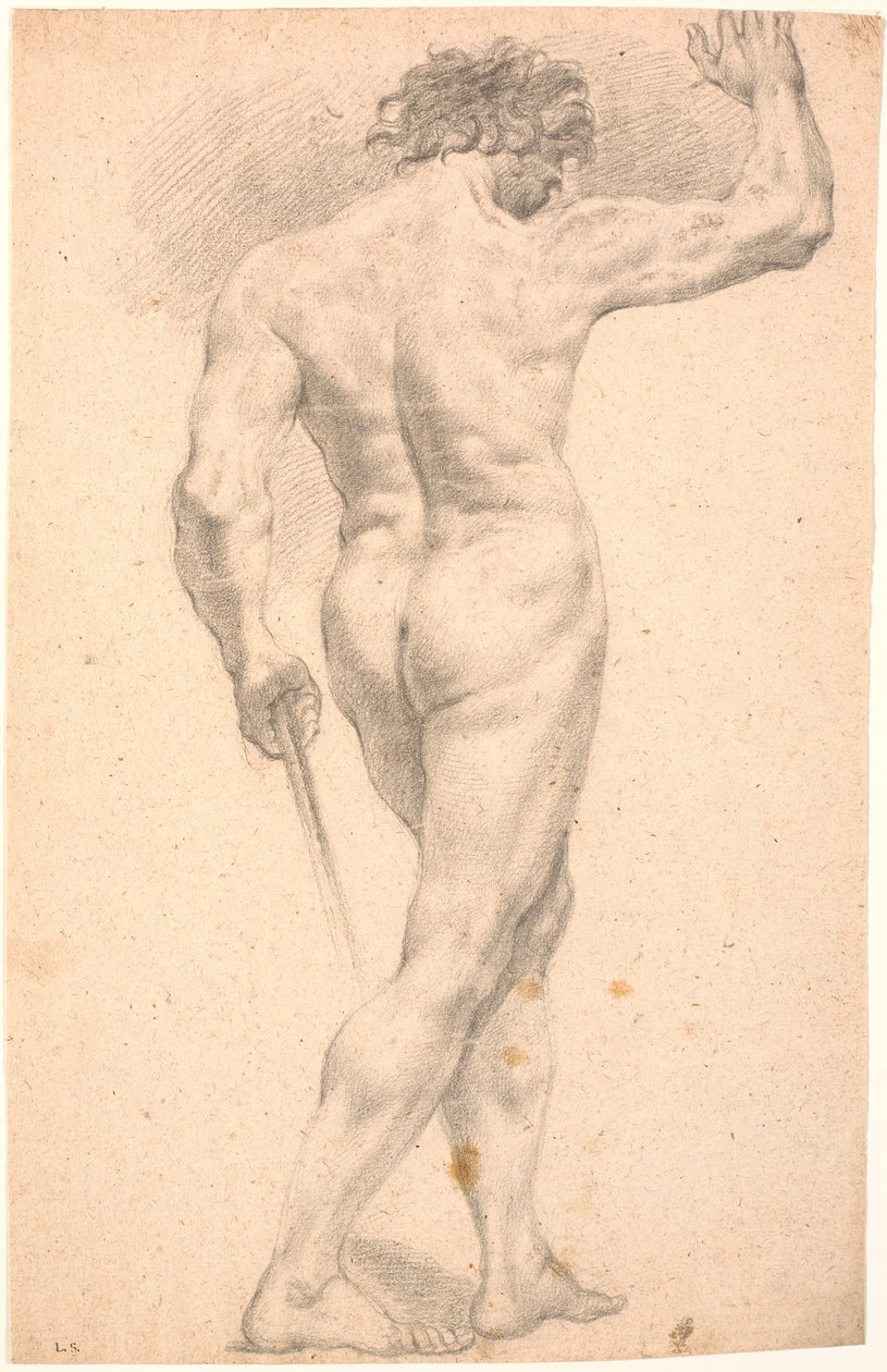 Modelo masculino de pie, visto desde la espalda, con la mano derecha levantada de Heinrich Dittmers