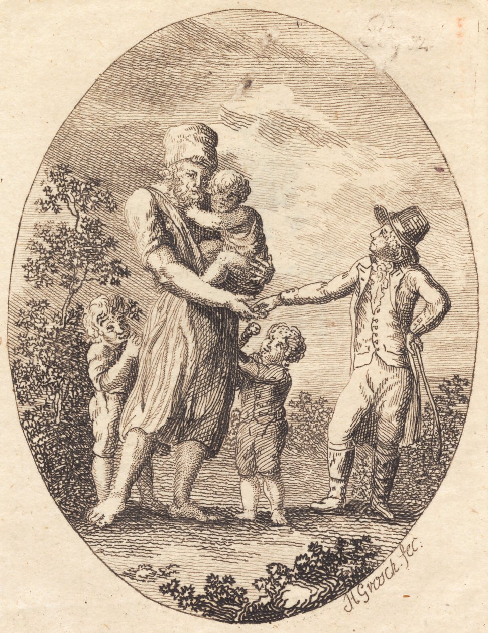 Un caballero da una moneda a un hombre con dos niños de Heinrich Grosch