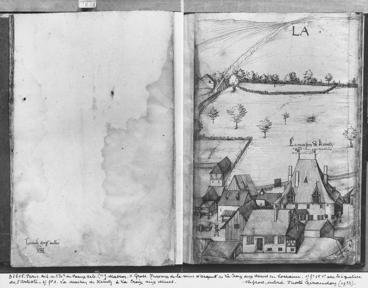 Fol.1 Pueblo de La Croix-aux-Mines, Lorena. La casa de Kointz, el controlador de las minas y fol.25v, firma del artista, c.1530 de Heinrich Gross or Groff