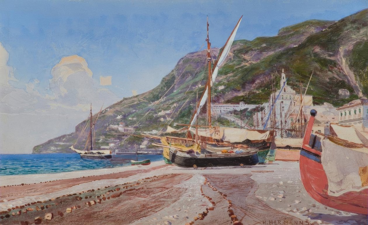 Amalfi, barcos de pesca en la playa / Acuarela de H.Hermanns de Heinrich Hermanns