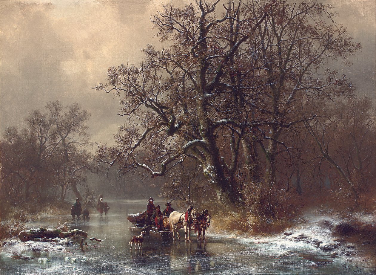 Leñadores en una vía fluvial congelada, 1873 de Heinrich Hofer