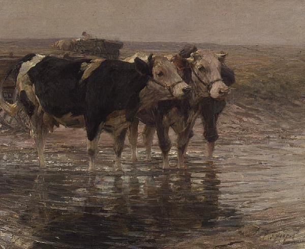 Ganado bebiendo agua de Heinrich Johann von Zugel