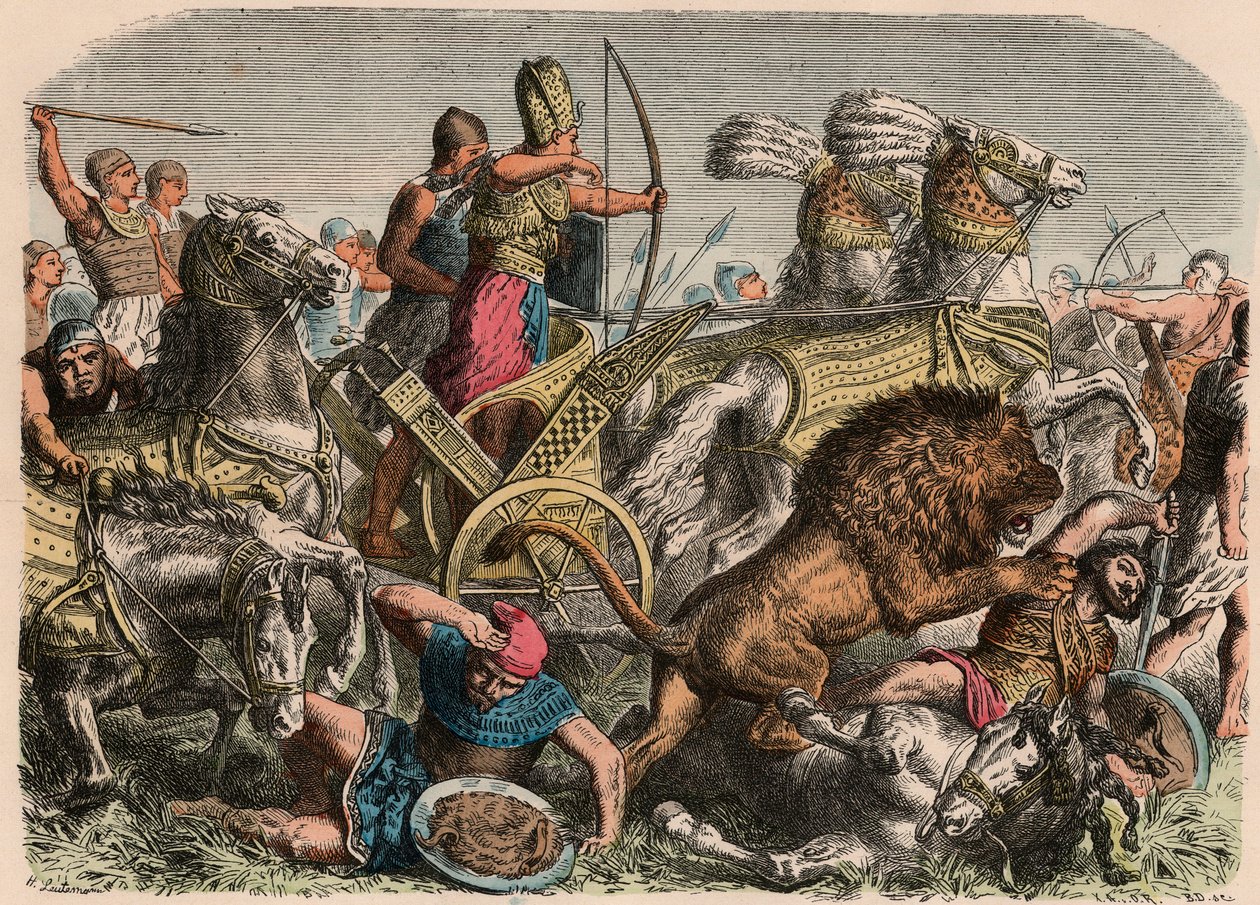 Antiguo Egipto: Faraón Ramsés II luchando contra los leones de guerra del ejército hitita en Qadesh, 1274 a.C., 1866 de Heinrich Leutemann