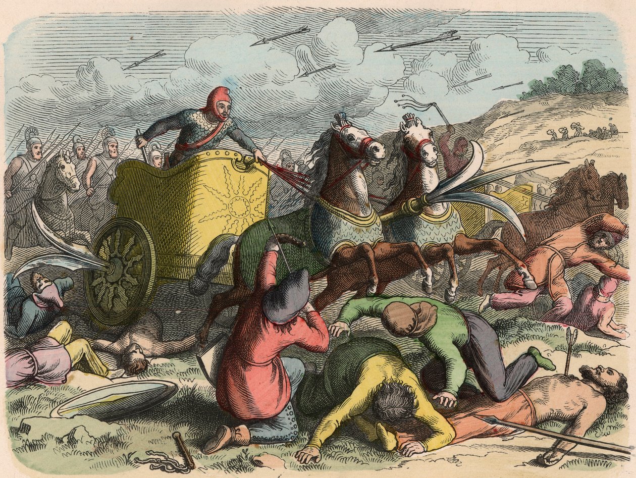 Antiguo Oriente, carro de guerra persa durante una batalla de Heinrich Leutemann
