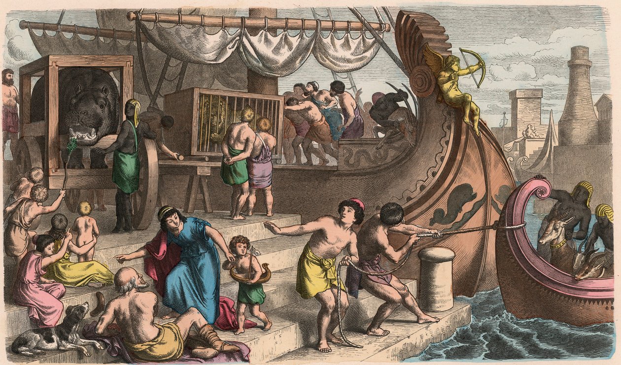 Antigua Roma: Viaje por mar, animales salvajes son transportados para el circo de Heinrich Leutemann