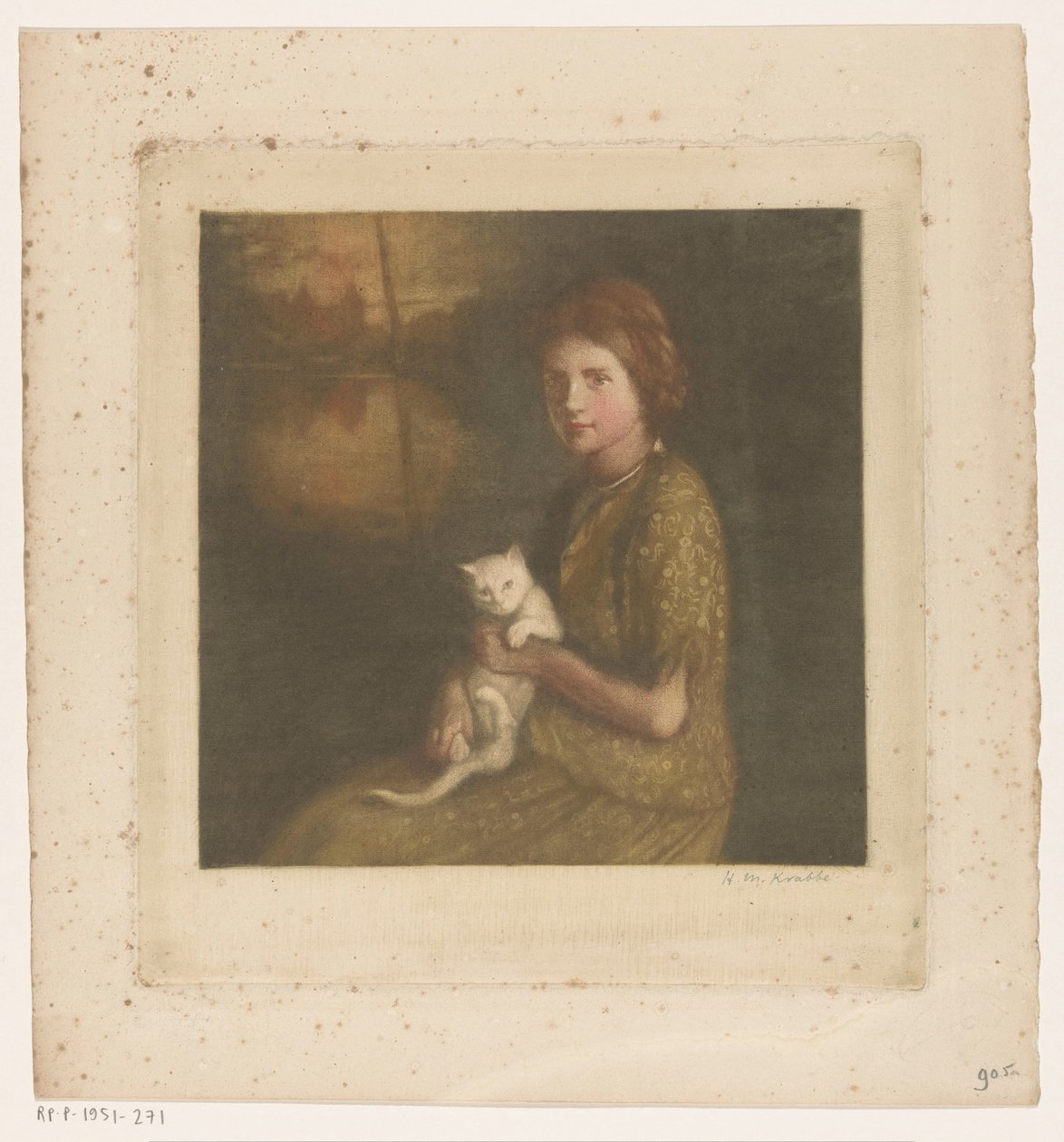 Chica con un gato en el regazo de Heinrich M. Krabbé (signed by artist)