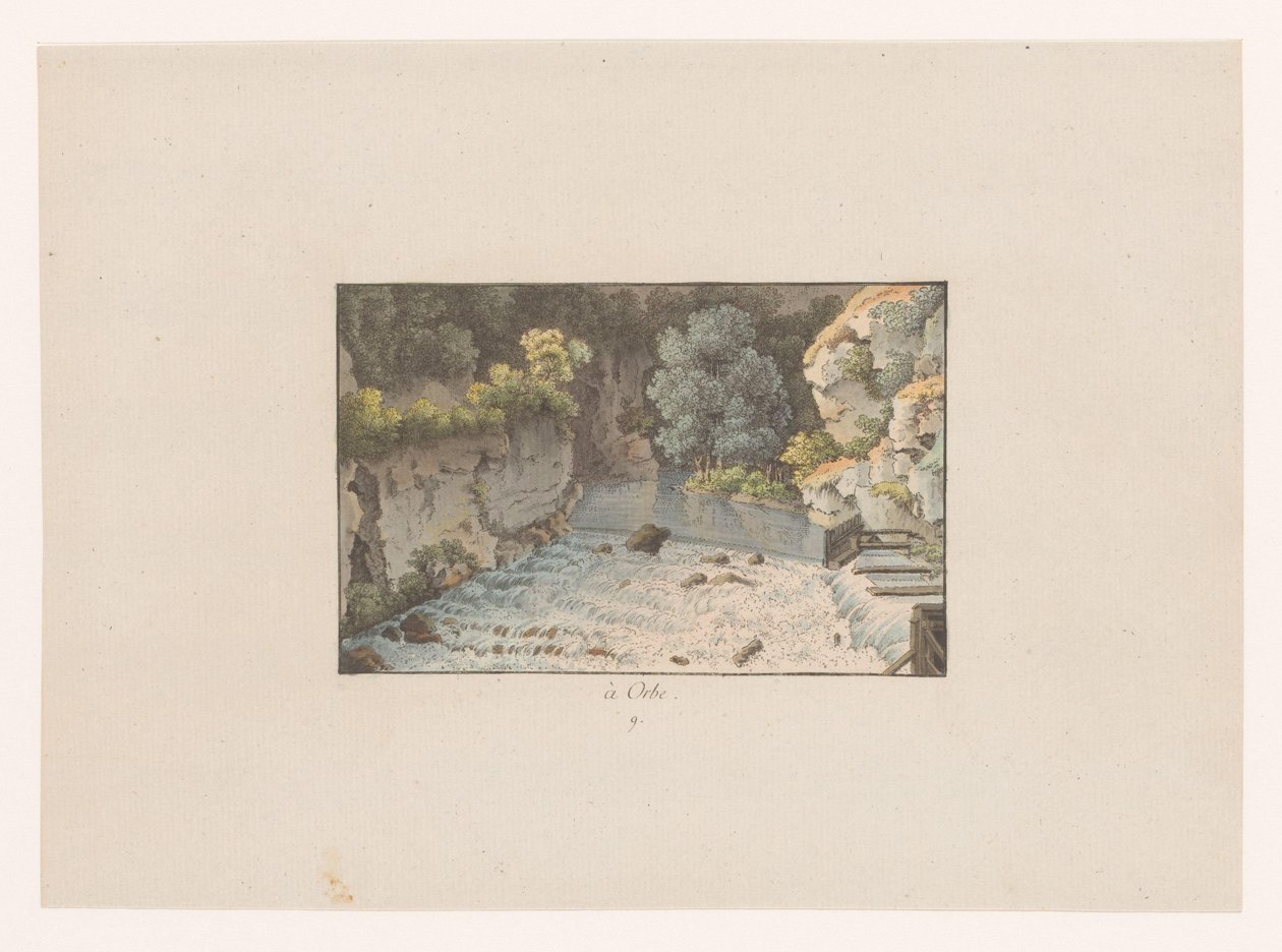 Vista de una cascada en Orbe à Orbe (título sobre objeto) Vistas de Suiza (título de la serie) Collection de quelques vues dessinées en Suisse d