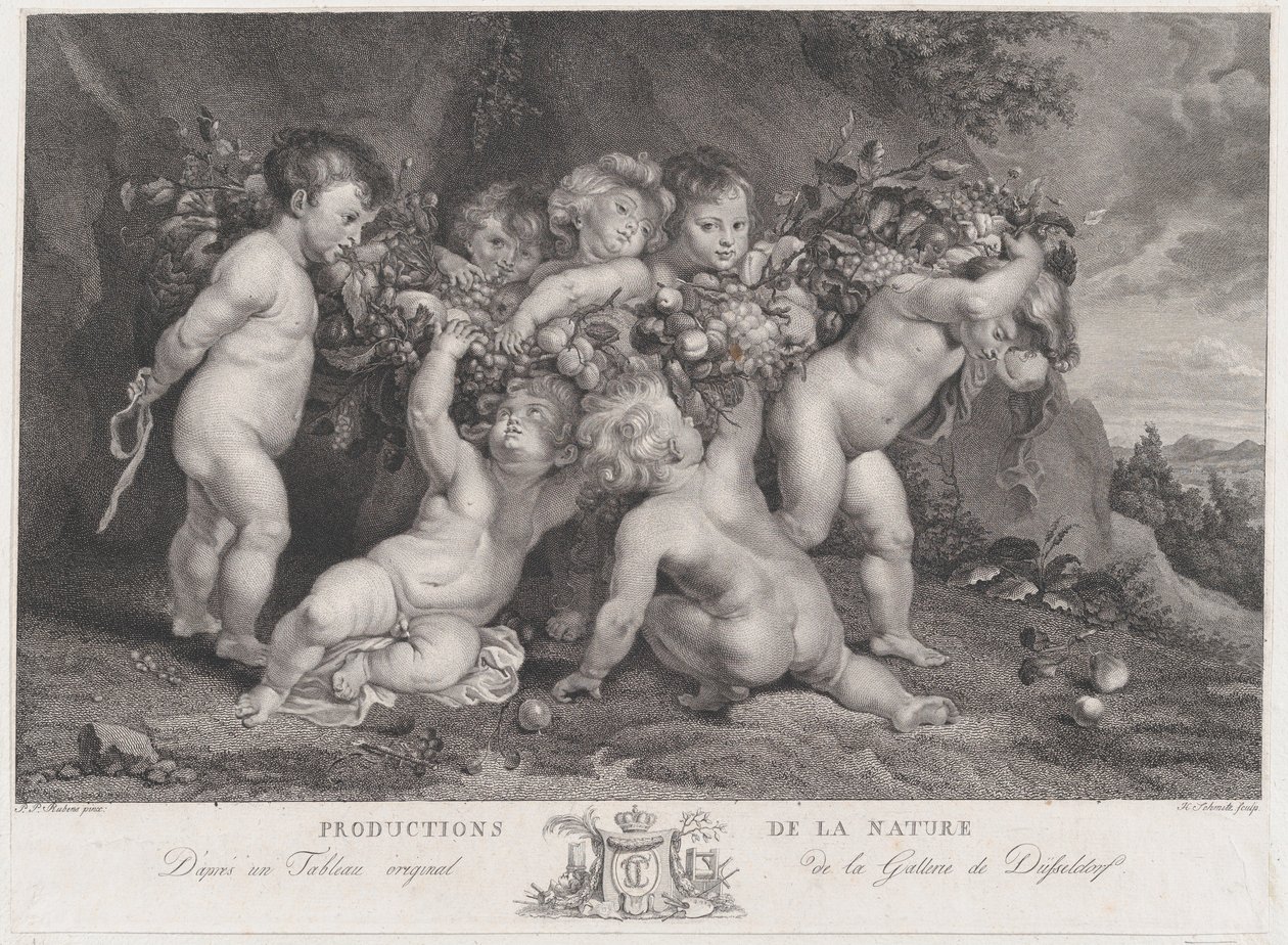 Siete putti llevando una guirnalda de frutas de Heinrich Schmitz