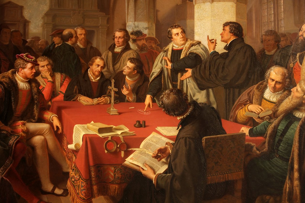 August Noack diálogo religioso en el castillo de Marburgo 1869 detalle de Heinrich Stürzl