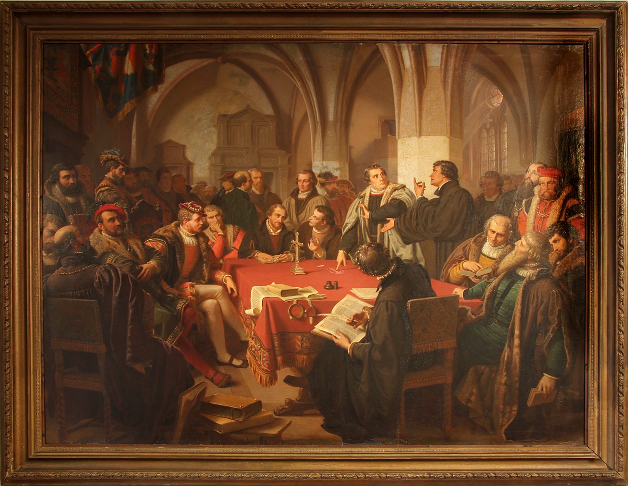 August Noack diálogo religioso en el castillo de Marburgo 1869 con marco de Heinrich Stürzl
