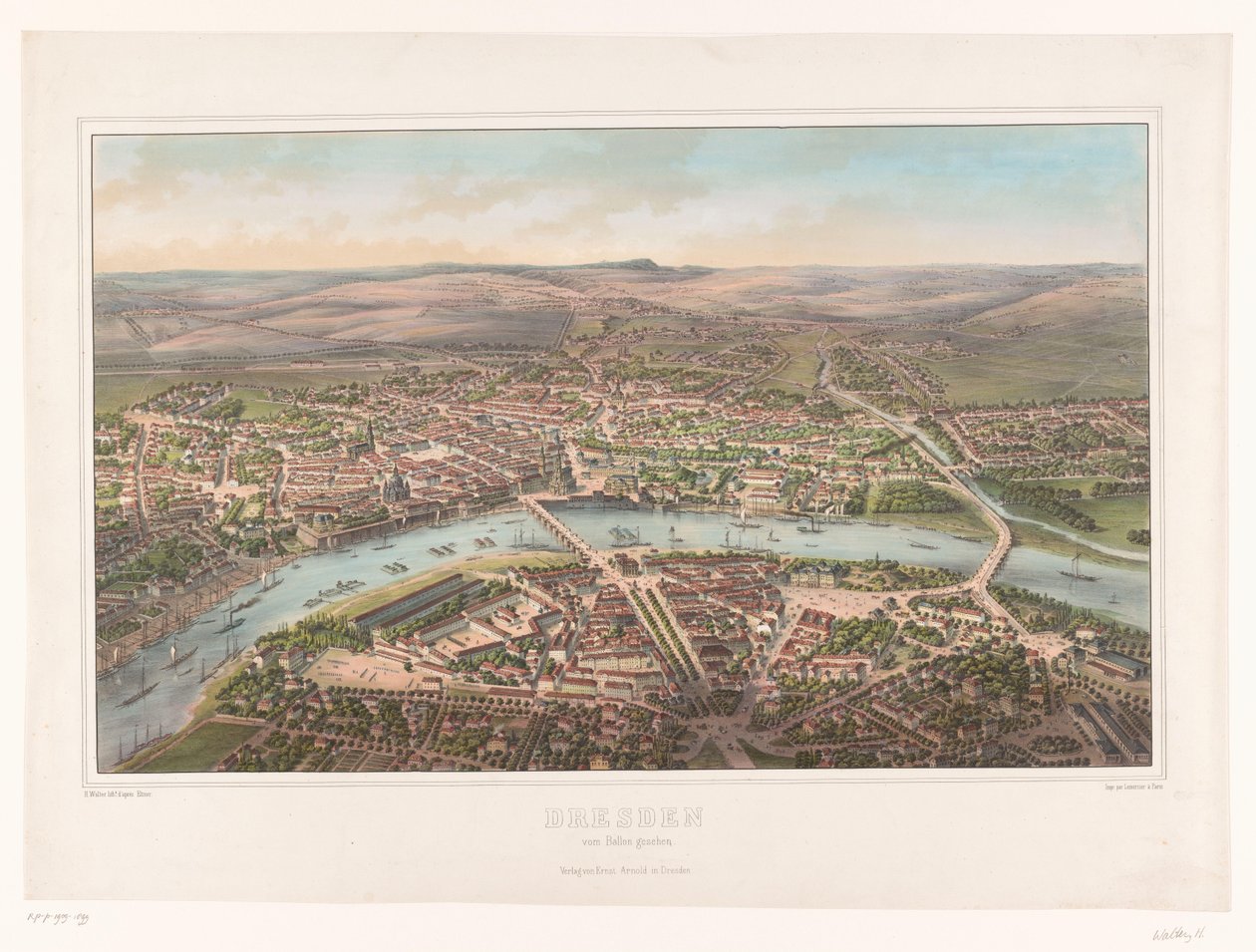 Vista de Dresde desde un globo aerostático
Dresden, vom Ballon gesehen (título en el objeto) de Heinrich Walter