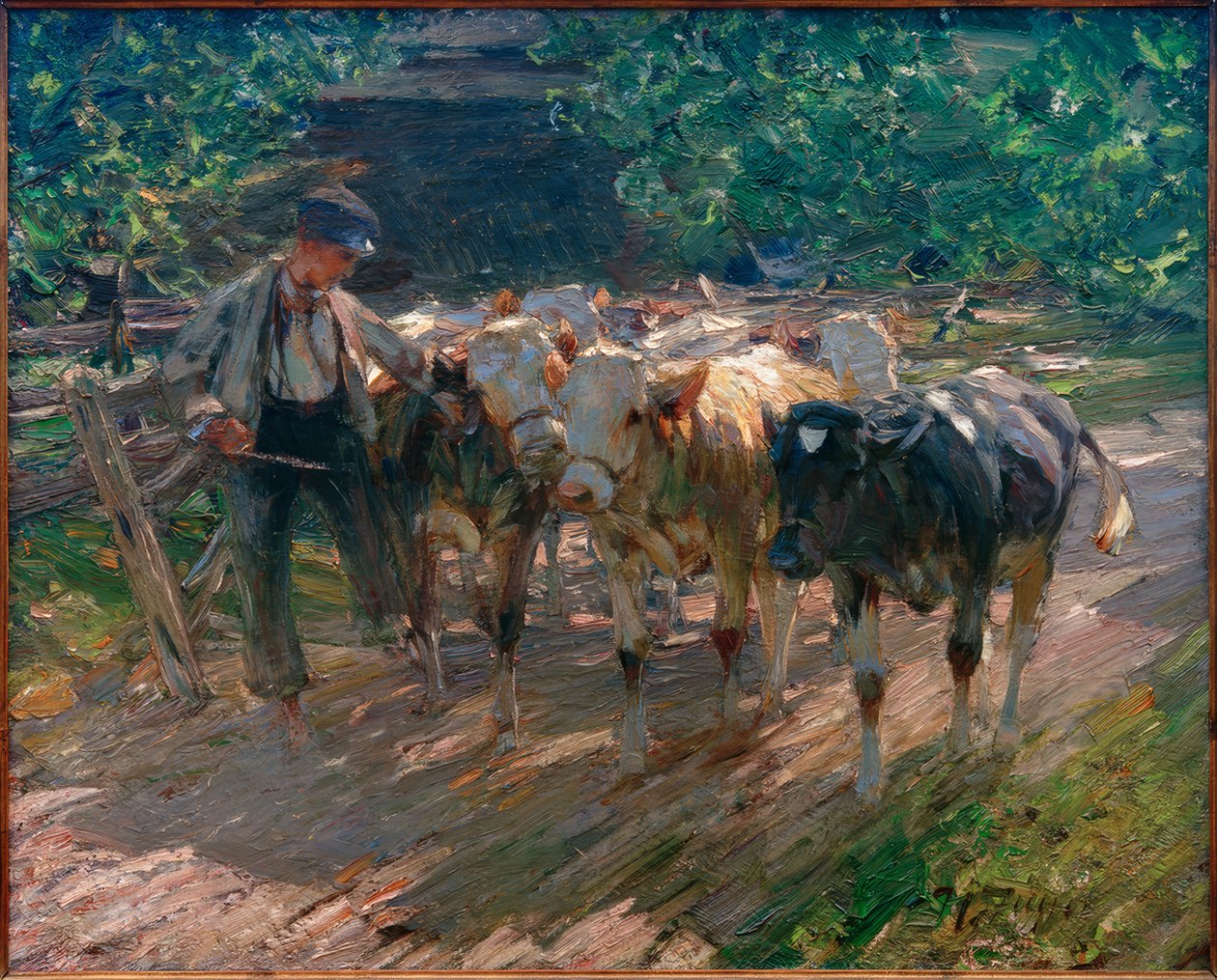 Pastor guiando tres terneros de Heinrich von Zügel