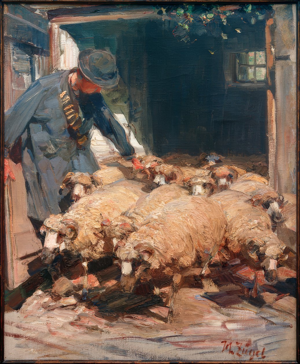 Pastor sacando ovejas del establo de Heinrich von Zügel