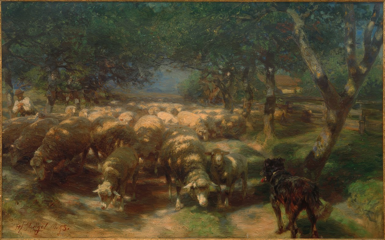 Rebaño de ovejas con perro de Heinrich von Zügel
