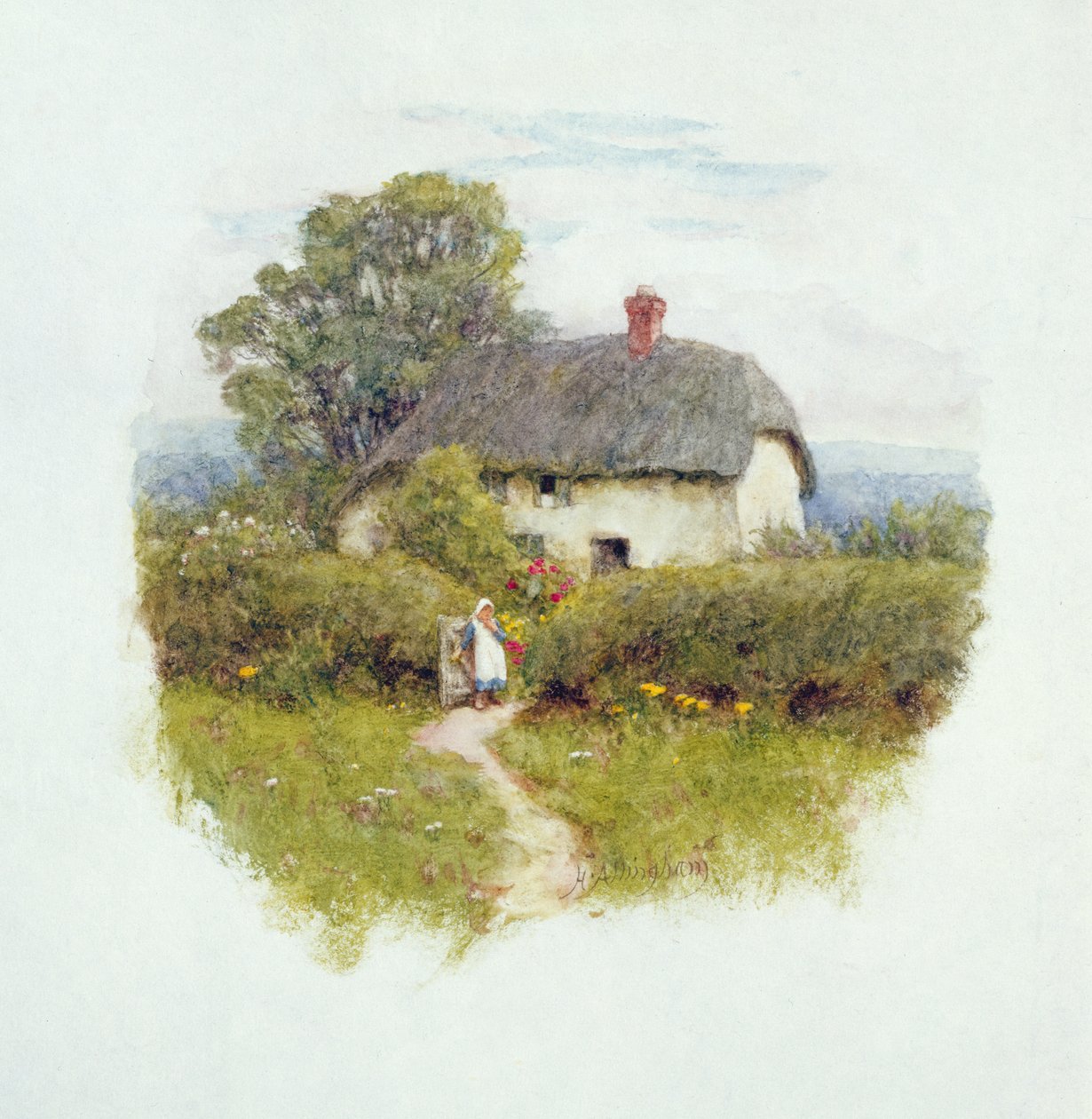 Niña joven en la puerta de la cabaña de Helen Allingham
