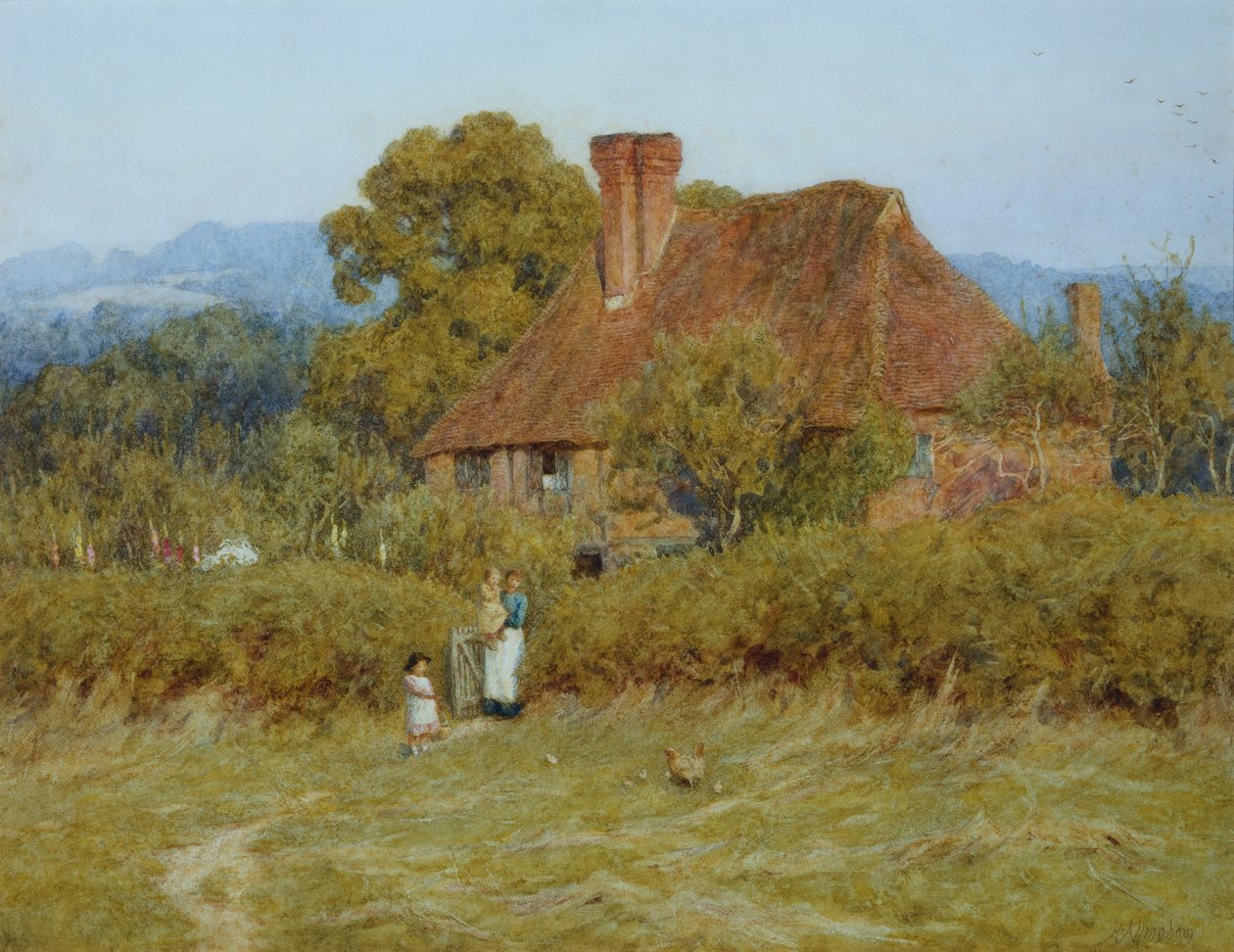 Cabaña en Broadham Green, Surrey, a la luz del atardecer de Helen Allingham