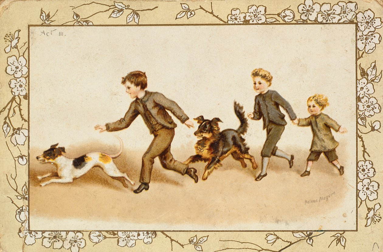 Tarjeta de felicitación que muestra a niños jugando con sus perros de Helena J. Maguire