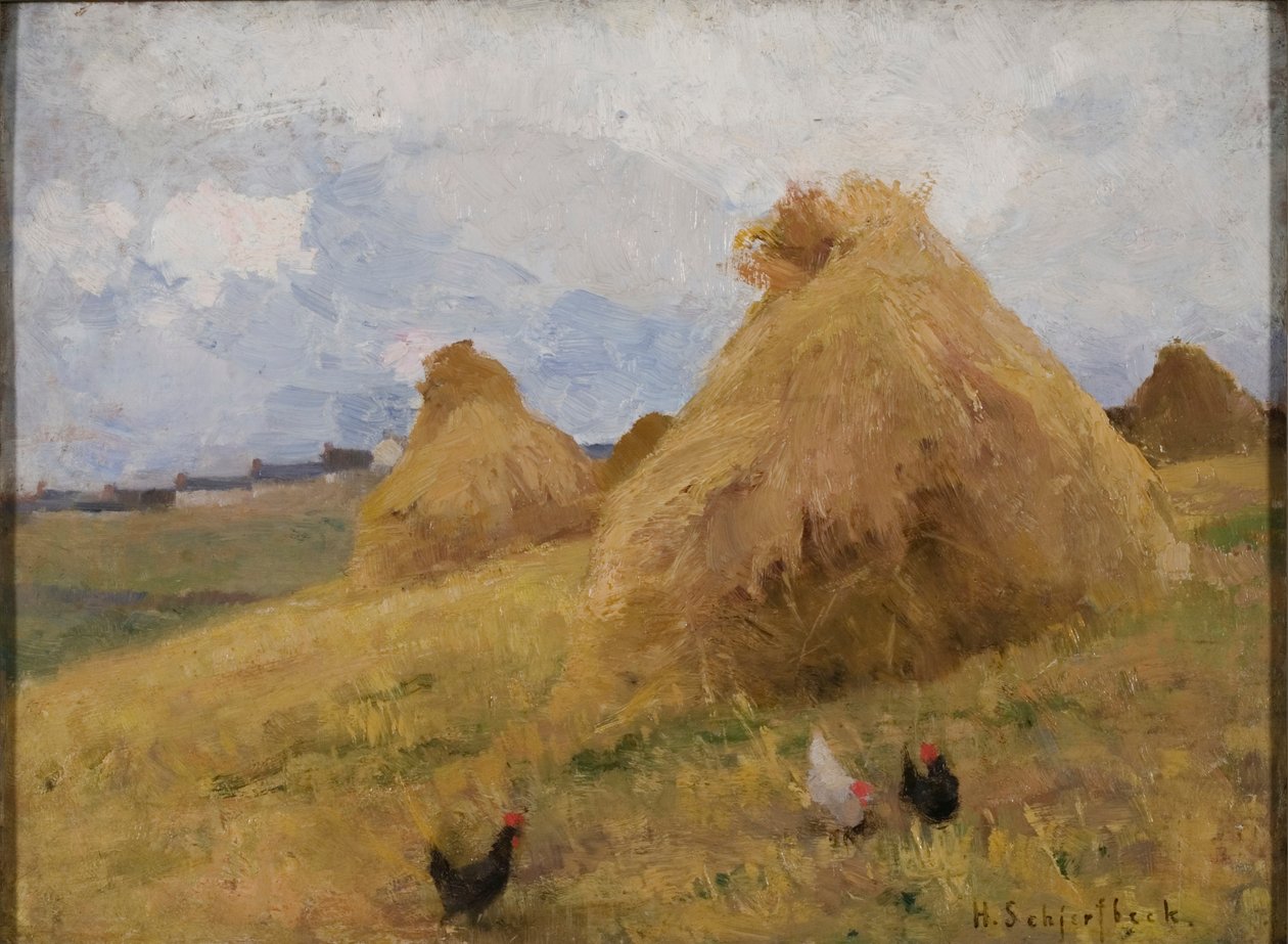 Pollos entre Cornstooks, c.1888 (óleo sobre lienzo) de Helene Schjerfbeck