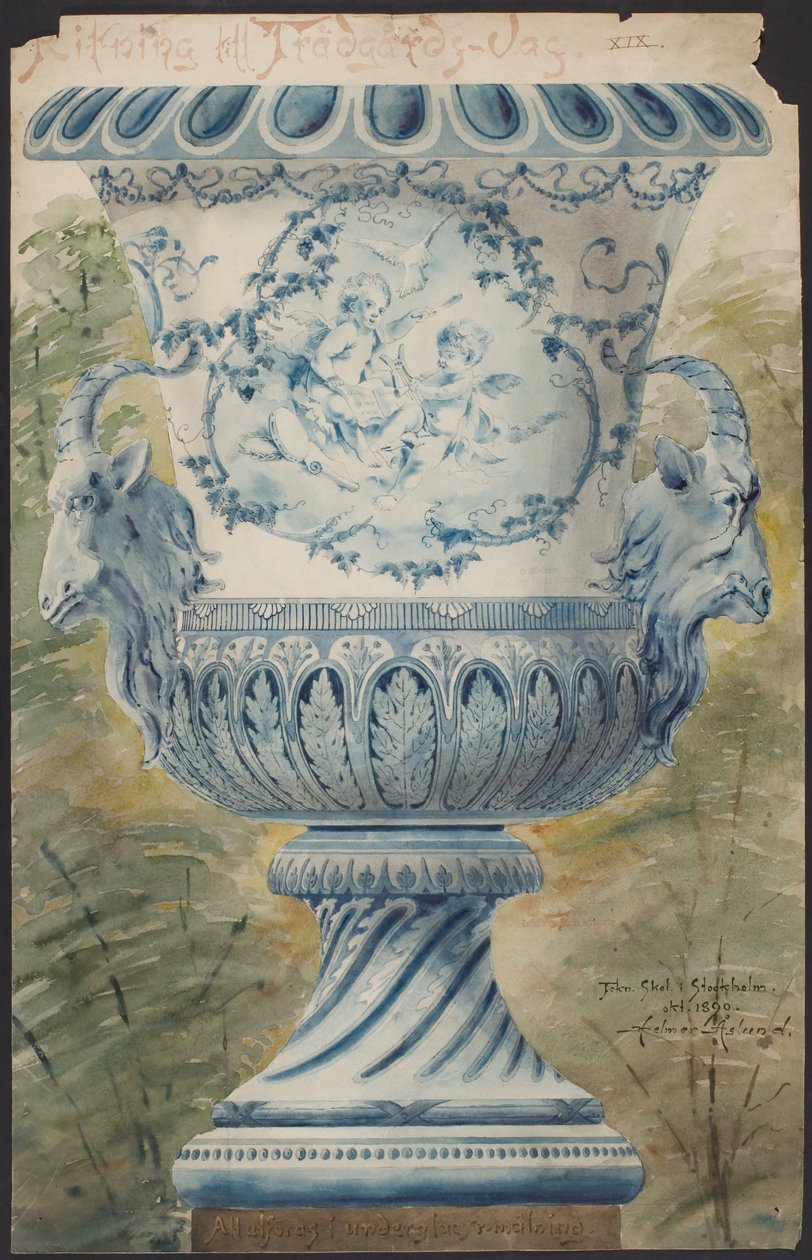Gran urna azul con dos cabezas de cabra de Helmer Osslund