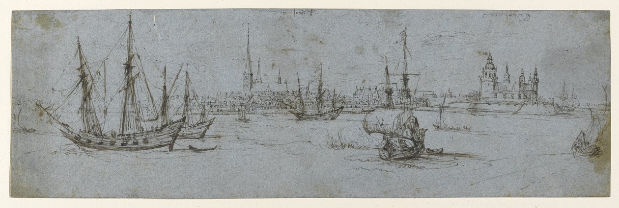 Vista de Elsinore y el castillo de Kronborg; Un estudio de barcos a vela, 1615-29 de Hendrick Cornelisz. Vroom