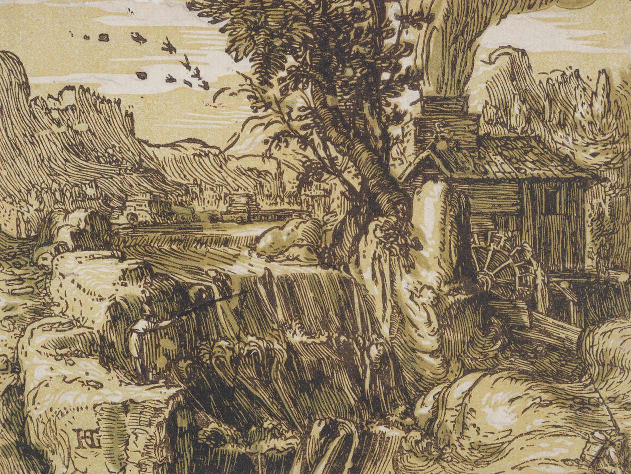 Paisaje con una cascada de Hendrik Goltzius