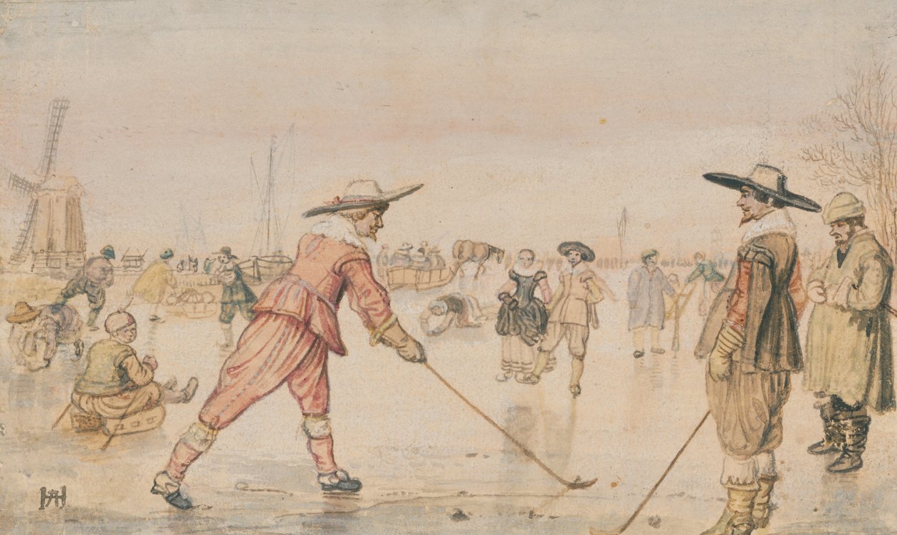 Una escena invernal con dos caballeros jugando al colf de Hendrick Avercamp