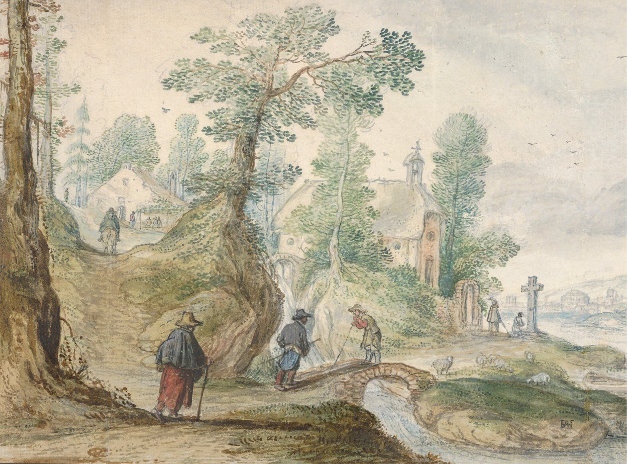 Paisaje fluvial arbolado con una iglesia y figuras, ca. 1613 de Hendrick Avercamp