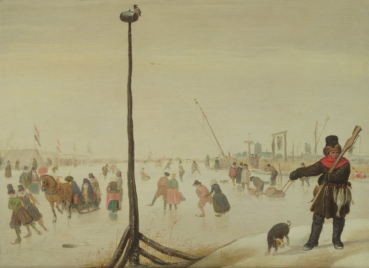 Un cazador de patos y su perro en un paisaje invernal de Hendrick Avercamp