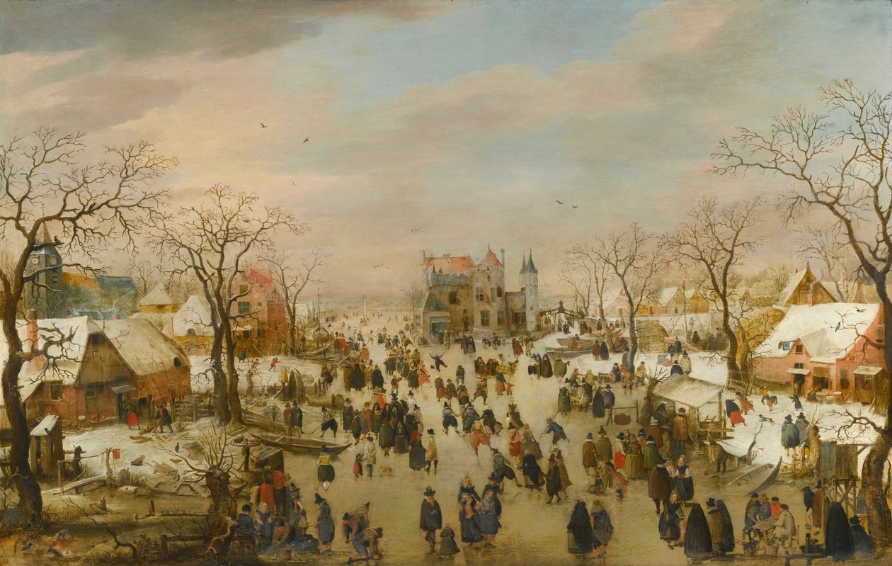 Paisaje panorámico de invierno con multitud de figuras en un río helado de Hendrick Avercamp