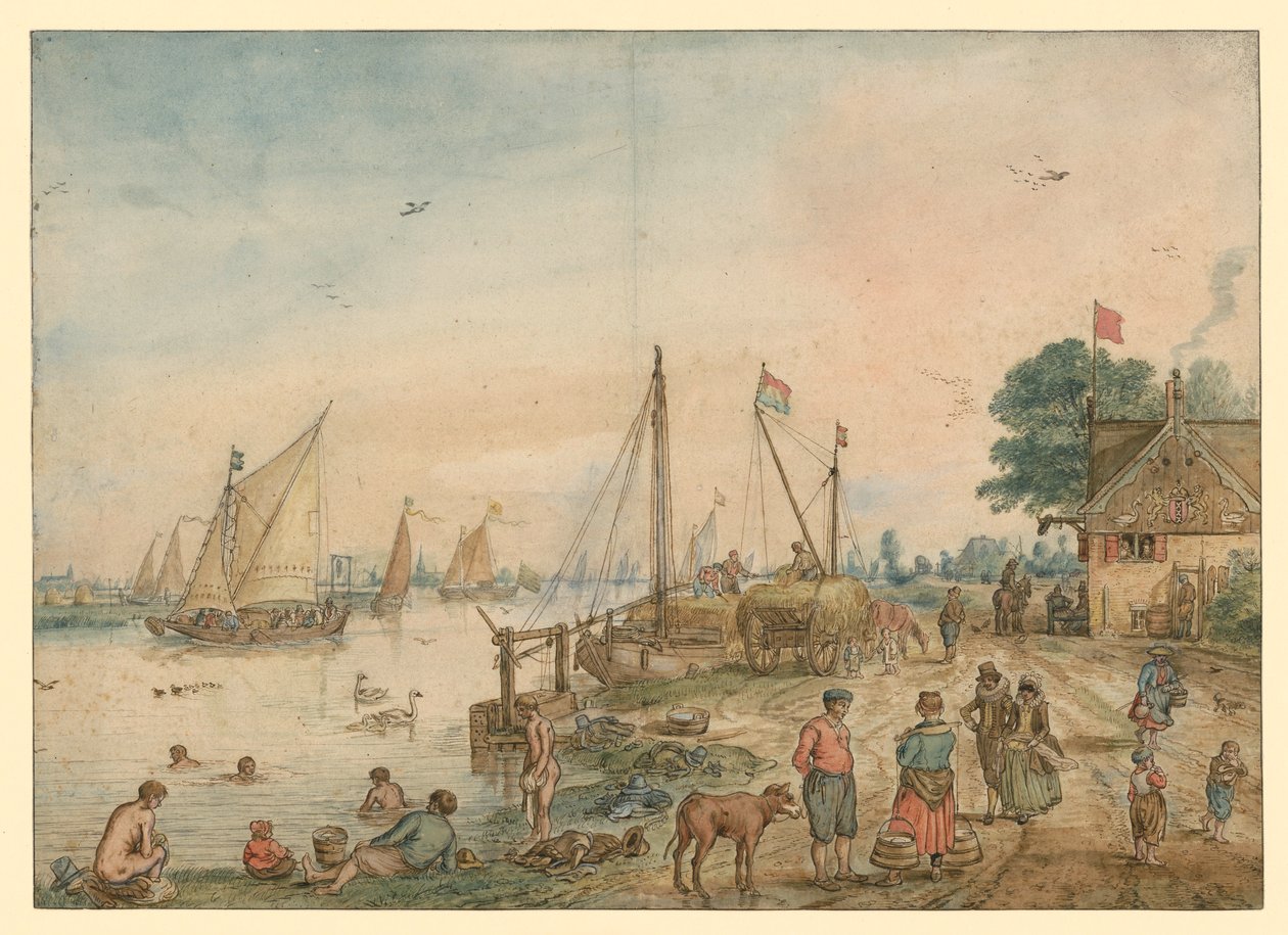 El verano: paisaje fluvial con bañistas de Hendrick Avercamp