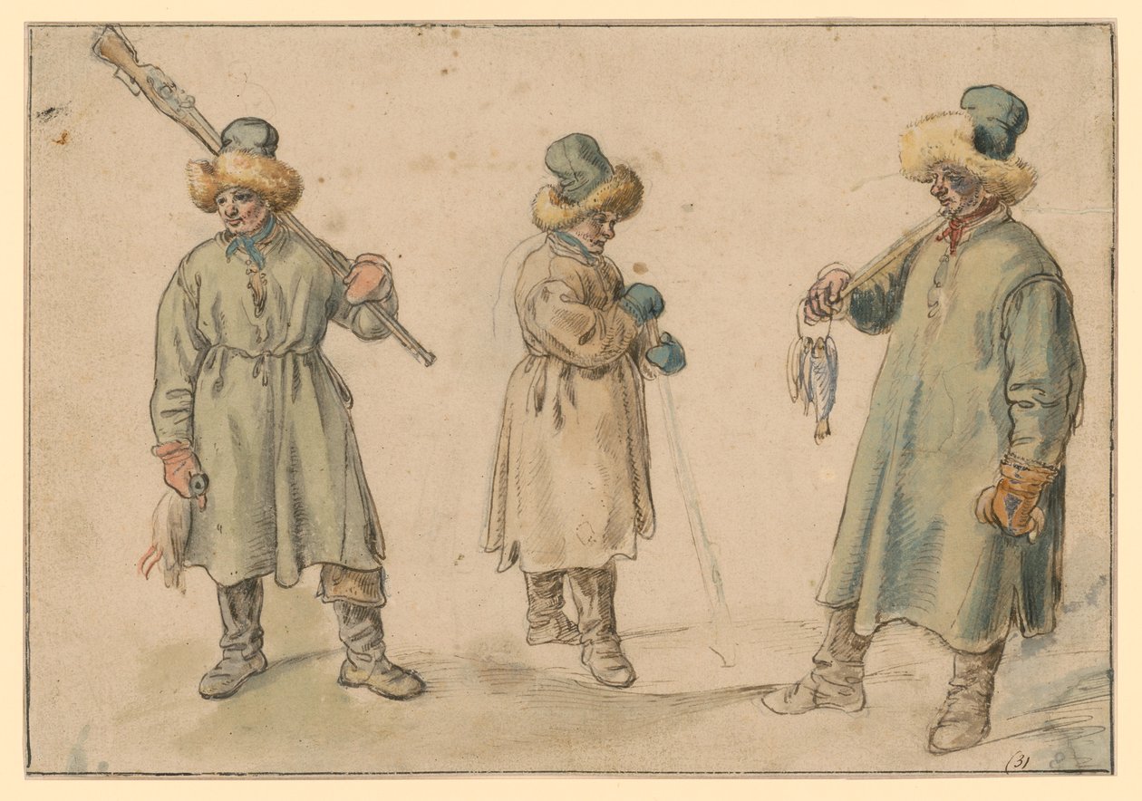 Tres estudios de un campesino con ropa de invierno de Hendrick Avercamp
