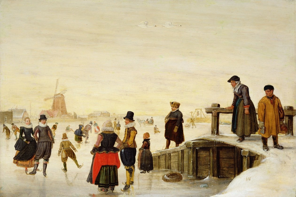 Figuras patinando en un paisaje holandés de Hendrick Avercamp