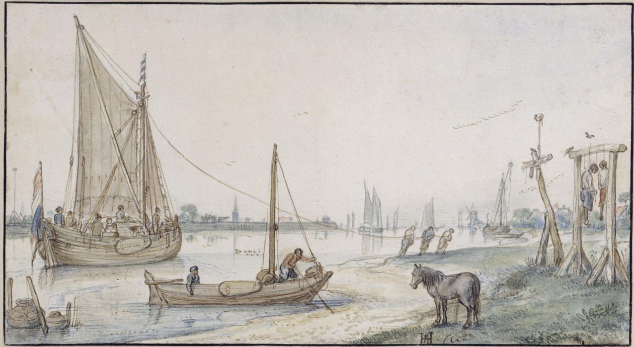 Paisaje fluvial, con un velero remolcado; en primer plano a la derecha, una horca con dos ahorcados. de Hendrick Avercamp