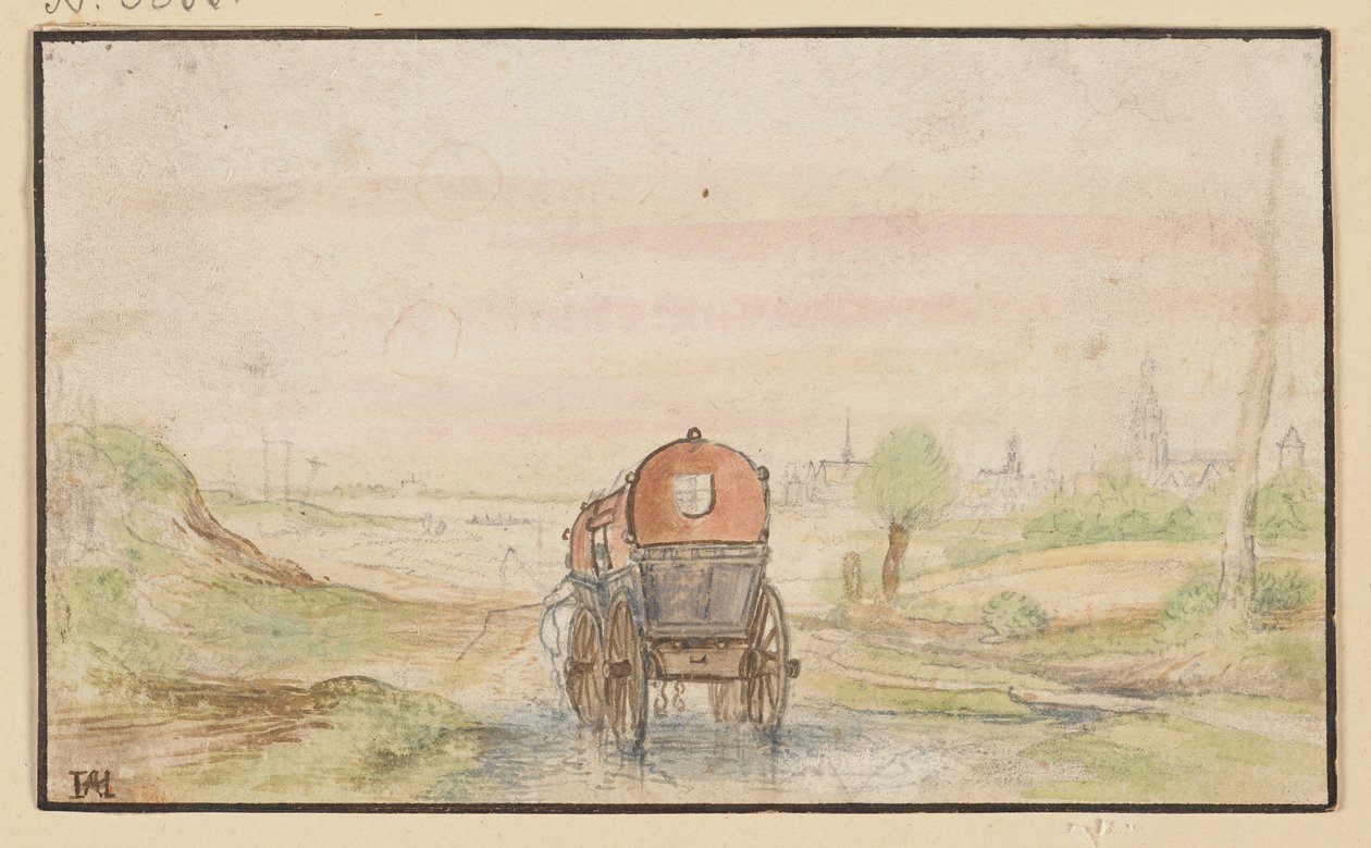 Camino rural con un carruaje rojo de Hendrick Avercamp