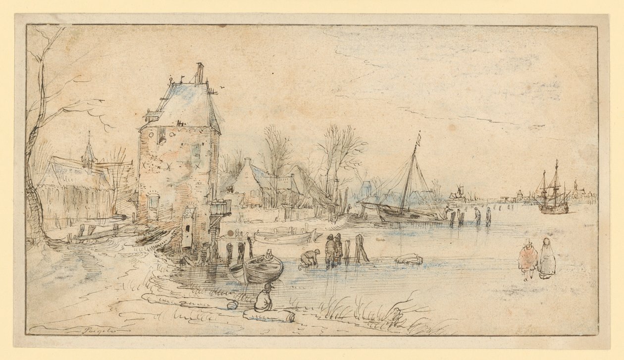 Pueblo con una torre de vigilancia y una iglesia a orillas del lago de Hendrick Avercamp