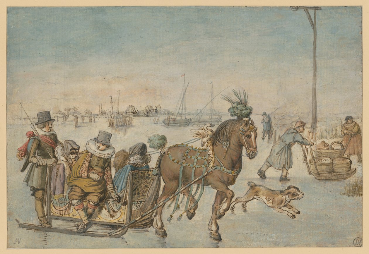 Trineo tirado por caballos sobre el hielo de Hendrick Avercamp