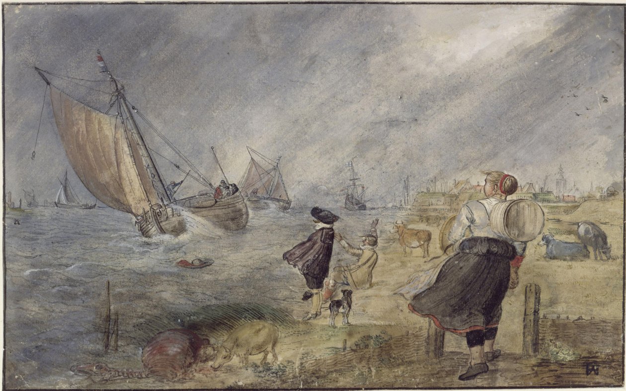 Orilla de lago durante una tormenta con figuras de Hendrick Avercamp