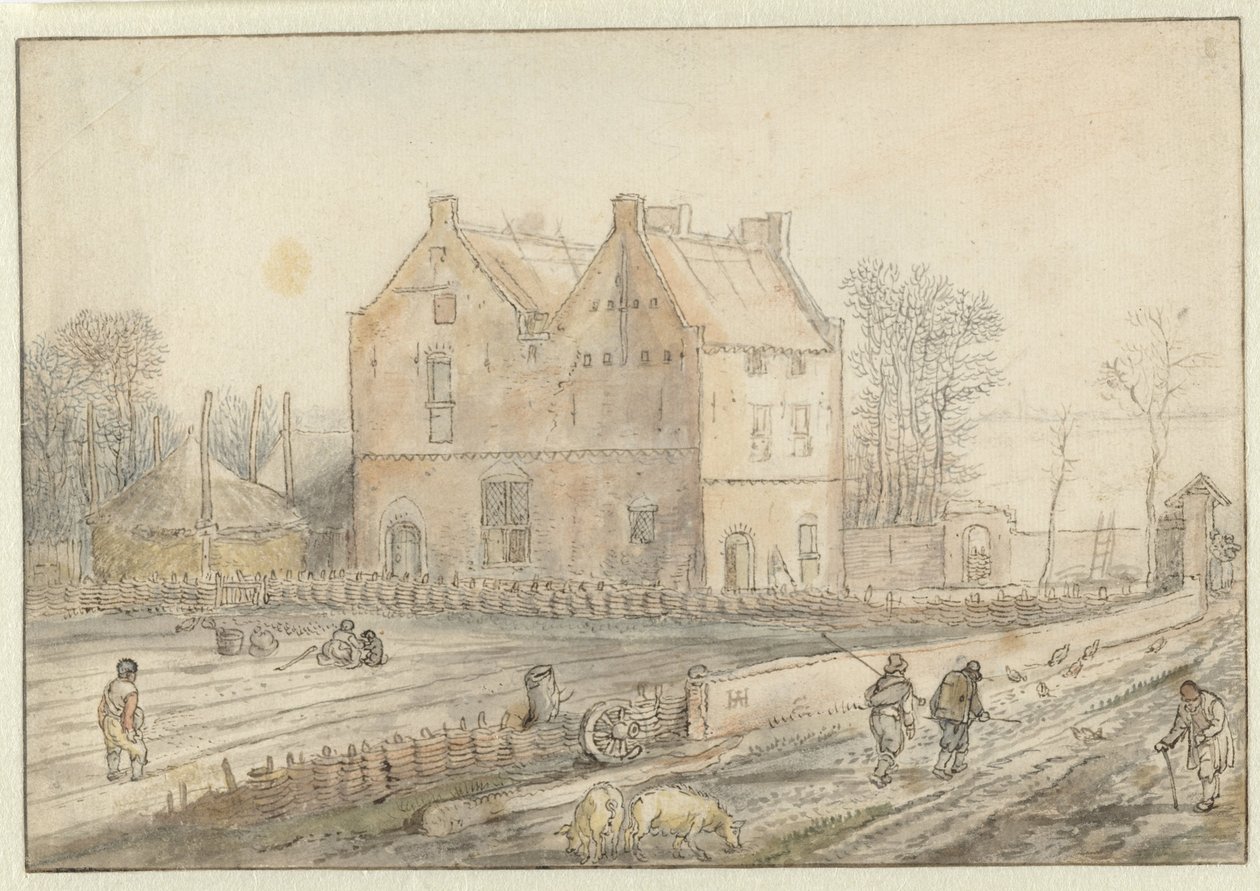 Vista de una casa de campo con sembradores en el campo de Hendrick Avercamp