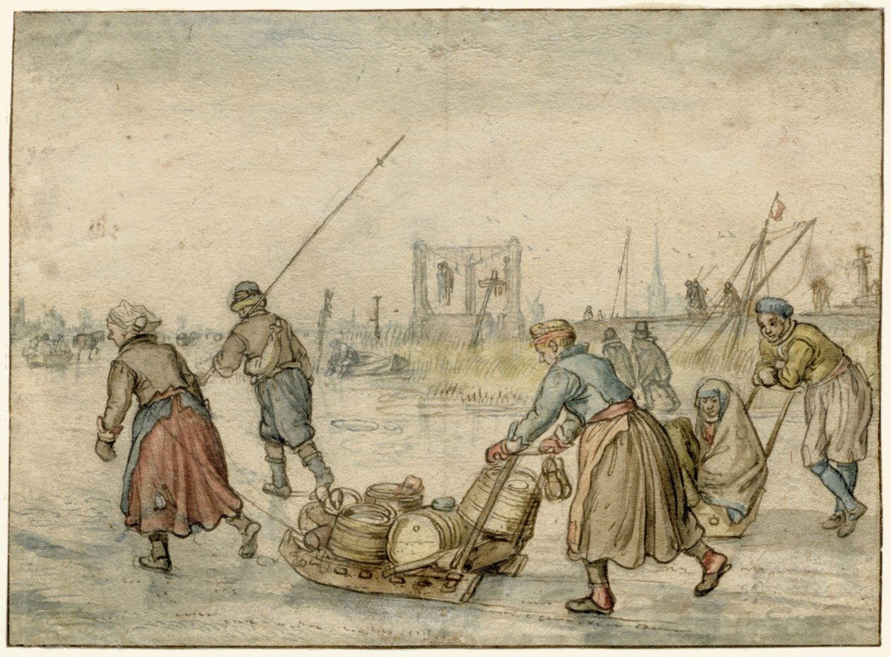 Paisaje invernal con dos mujeres y un trineo y otras figuras en el hielo, una horca en la distancia de Hendrick Avercamp