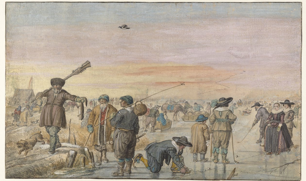Escena invernal en el hielo, con un cazador mostrando una nutria de Hendrick Avercamp